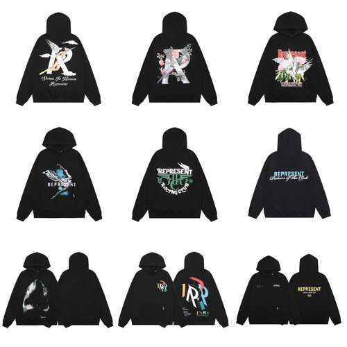 跨境REPRESENT字母印花复古鲨鱼vtg连帽卫衣宽松美式情侣帽衫潮牌