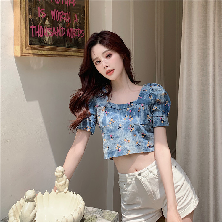 Real price Hong Kong style retro bubble sleeve short floral Denim Shirt Top