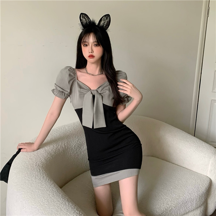 Real price 2021 summer new bow fake two piece patchwork slim bubble sleeve dress