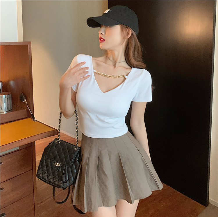 Real price new women's pure cotton design collar metal clavicle chain T-Shirt Top