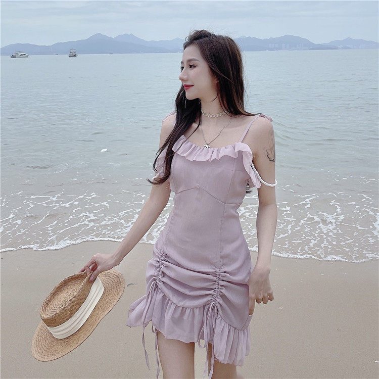 Real shot real price air pearl double shoulder strap Chiffon drawstring dress