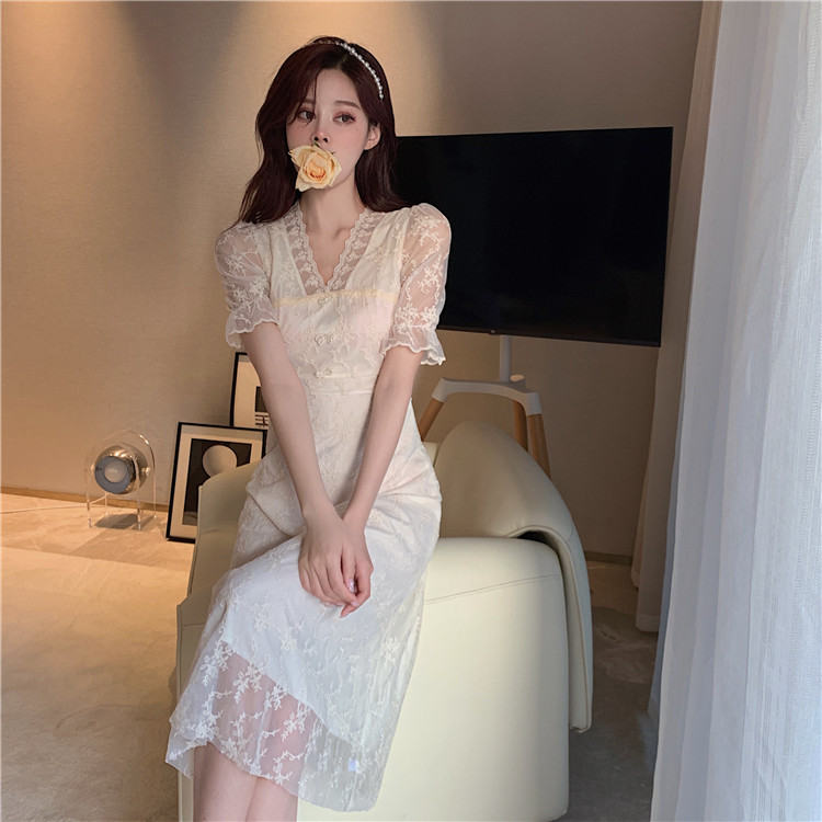 Real price French V-neck pin bead bow Lace Crochet long dress