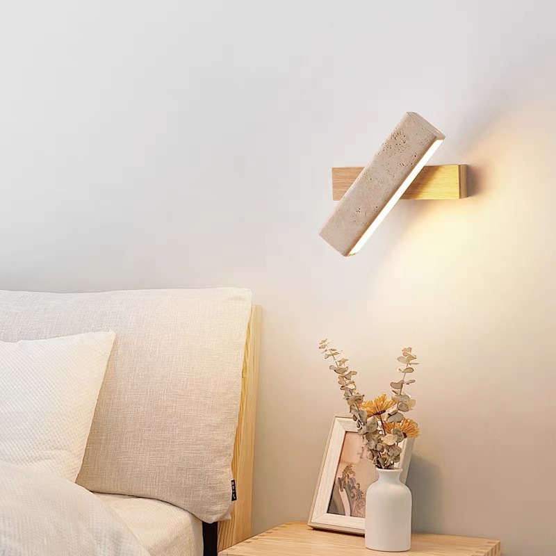 日式侘寂黄洞石旋转原木床头壁灯