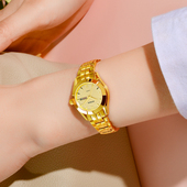 劳士顿女士手表金色钢带情侣款 石英表女表双日历生日礼物纪念日