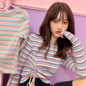设计抽绳少女长袖 T恤修身 显瘦百搭甜美学生 韩版 撞色彩虹条纹个性