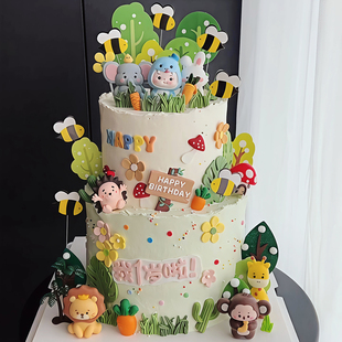 饰摆件蛇宝宝周岁森林动物象兔猴子长颈鹿插件 网红烘焙生日蛋糕装