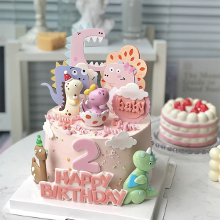 烘焙蛋糕装 饰摆件粉色女宝宝蛋壳恐龙霸王龙插卡可爱女孩生日插件