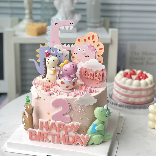 烘焙蛋糕装饰摆件粉色女宝宝蛋壳恐龙霸王龙插卡可爱女孩生日插件