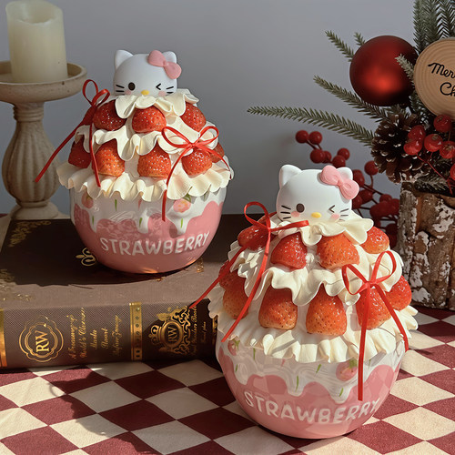 包邮网红新年圣诞节韩国ins风kitty猫草莓蛋糕三只小熊甜品陶瓷碗