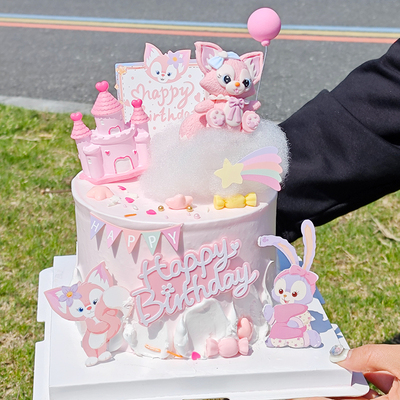 网红气球粉狐坐云朵蛋糕卡通狐狸可爱软陶插件粉城堡甜品台装扮