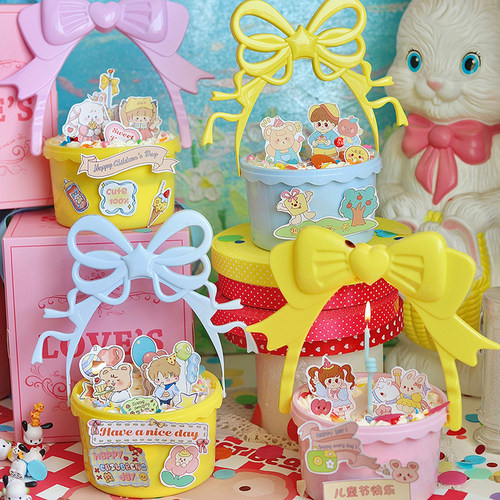 抱抱酱六一儿童节四寸五寸手提蝴蝶结奶油桶烘焙蛋糕装饰包装插件