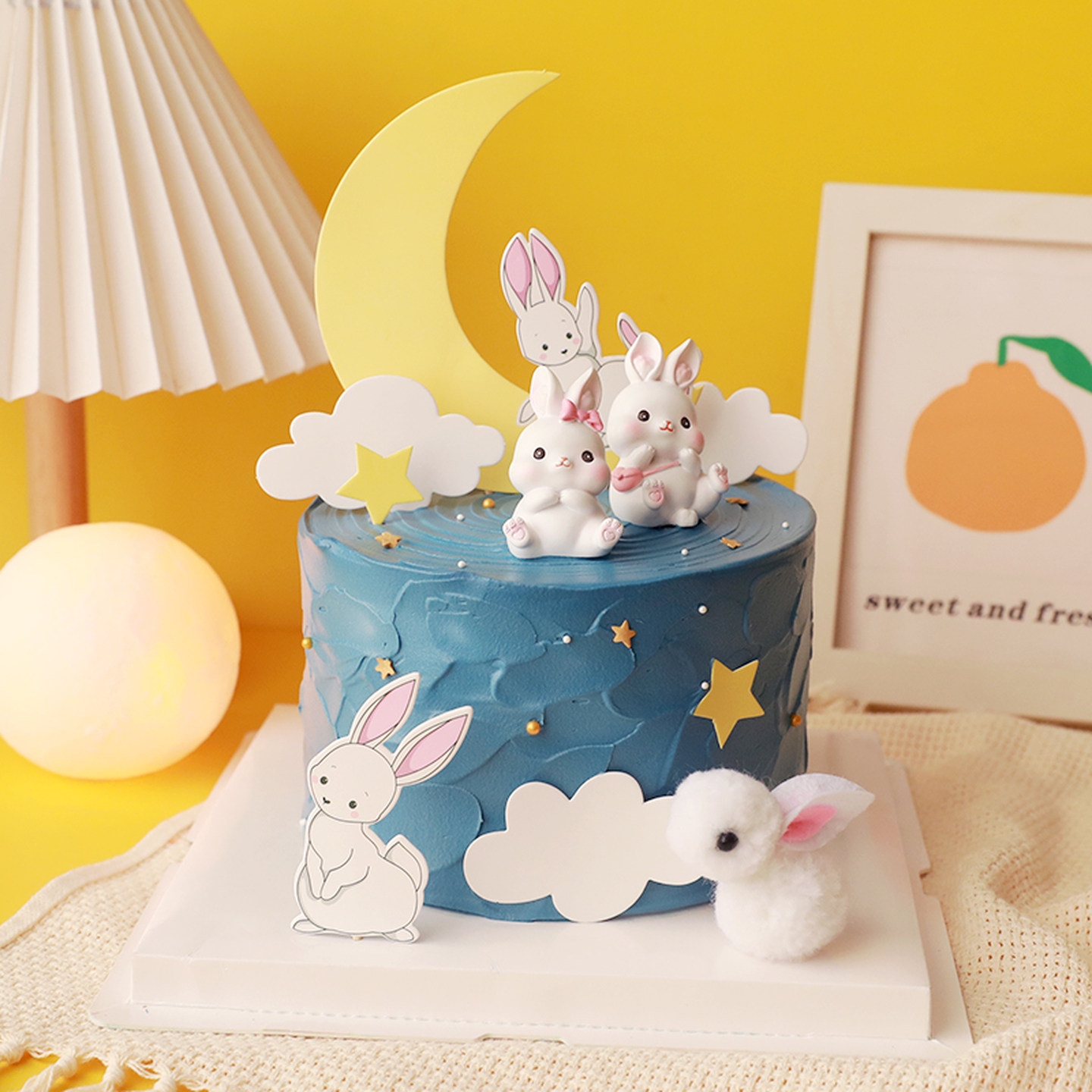 中秋烘焙蛋糕装饰月亮插卡兔子树脂摆件月饼节派对节日插件装扮