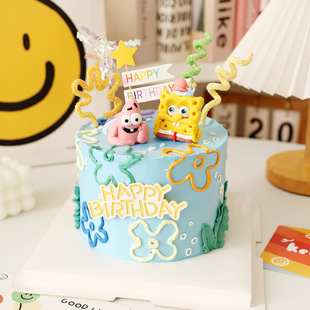 饰海绵派派星卡通可爱软陶摆件夏季 烘焙蛋糕装 海洋生日派对蛋糕