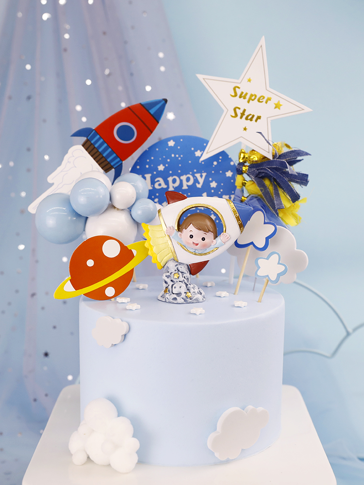 烘焙蛋糕装饰摆件太空火箭宝宝生日快乐插牌宇航员插件插卡装扮