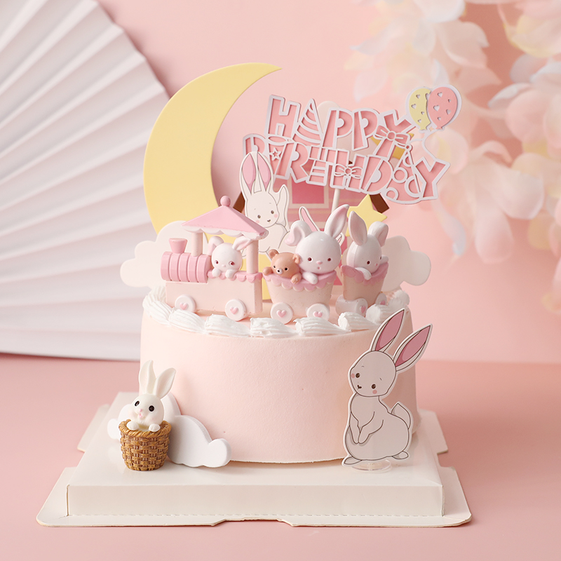 烘焙蛋糕装饰摆件网红粉色小火车兔子月亮插卡可爱生日装扮插件-封面