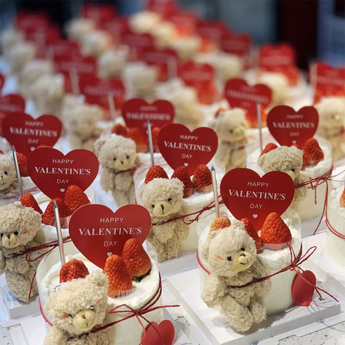 网红七夕情人节蛋糕装饰摆件可爱毛绒小熊爱心插牌表白甜品台插件