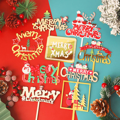 圣诞节蛋糕装饰插卡亚克力木质插牌节日MerryChristmas派对插件