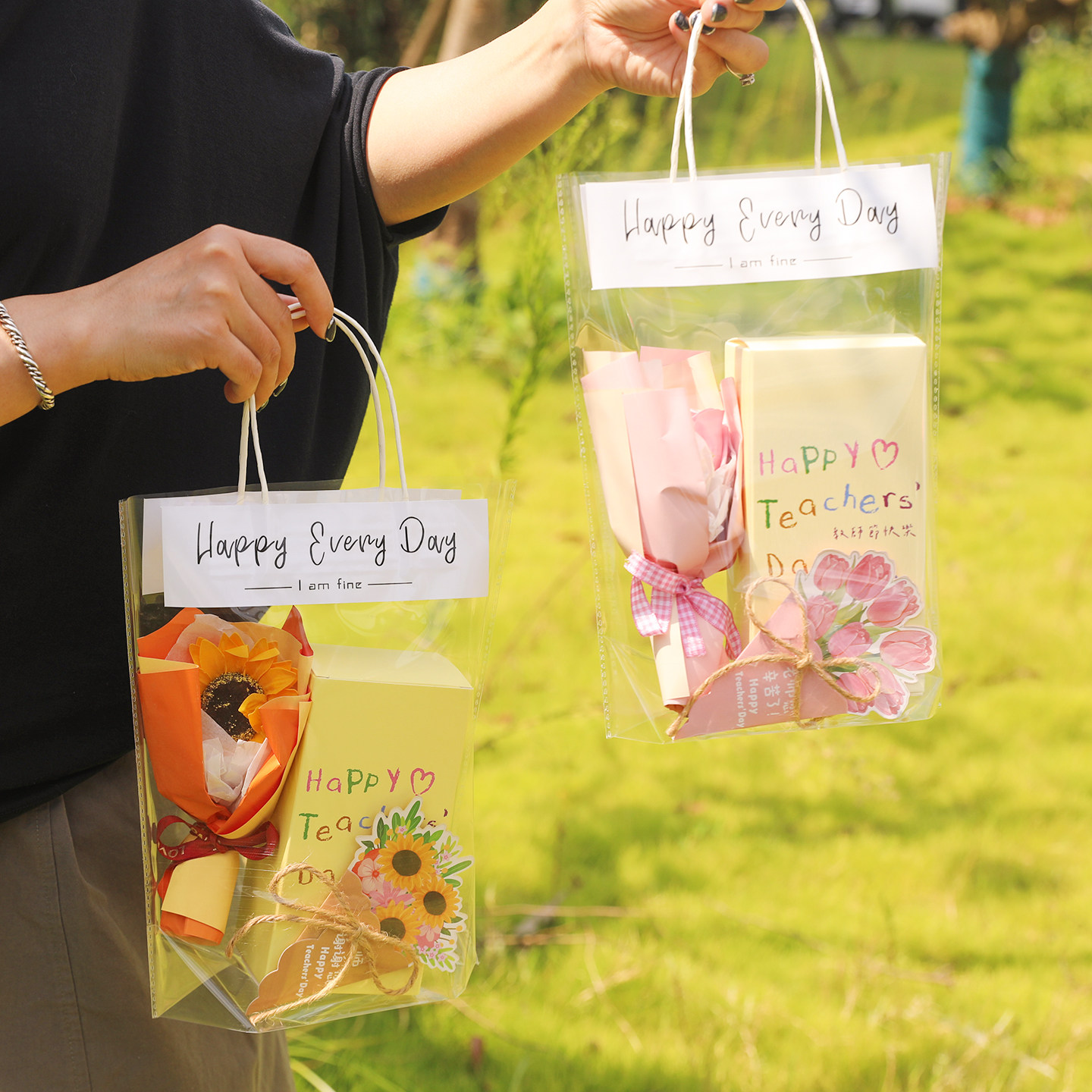 包邮网红教师节happyday透明手提袋向日葵花束贺卡礼品袋包装盒