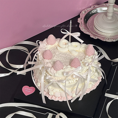 ins风网红烘焙生日蛋糕装饰摆件可爱粉色草莓模具芭蕾风丝带插件