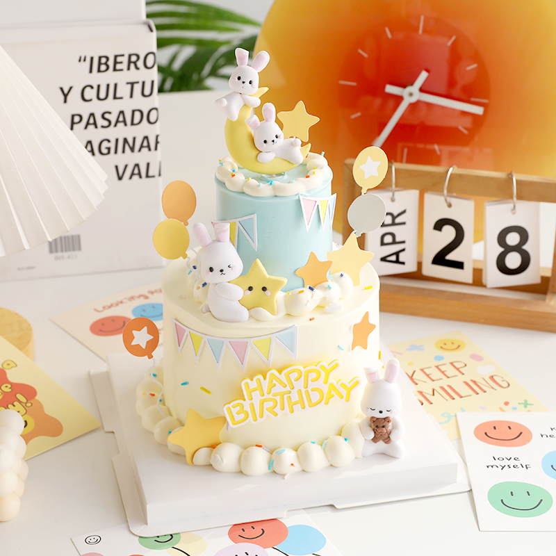 烘焙蛋糕装饰摆件软陶月亮小兔子生日蛋糕动物装扮摆件卡通插卡