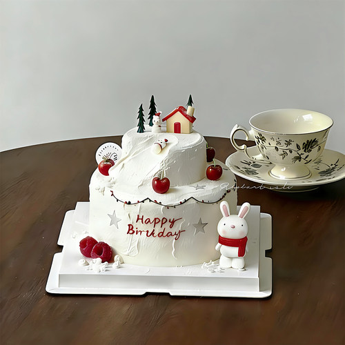 网红圣诞节新年烘焙蛋糕装饰摆件可爱红围巾小兔子雪人樱桃蜡烛