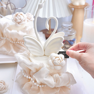佳妍七夕情人节烘焙蛋糕装饰摆件天鹅韩式冰丝纱珍珠小香风插件