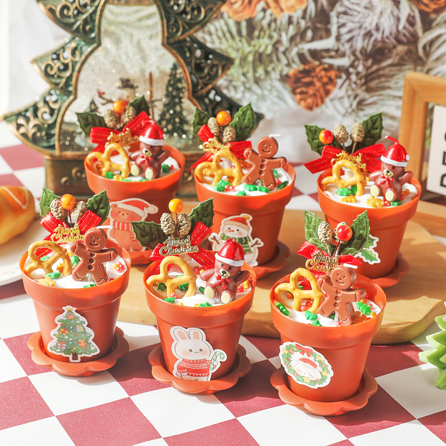 包邮圣诞节盆栽杯蛋糕圣诞蜡烛插件贴纸草圈花环冬青叶礼物插卡