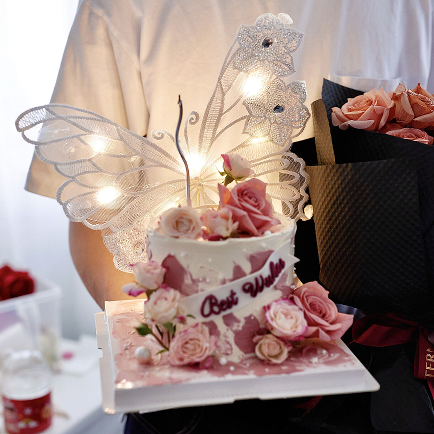 情人节佳妍网红烘焙蛋糕装饰摆件唯美带灯刺绣蝴蝶生日小仙女插件