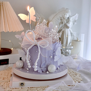 饰摆件透明皇冠女王公主王冠蝴蝶结插件 网红烘焙生日蛋糕装 包邮