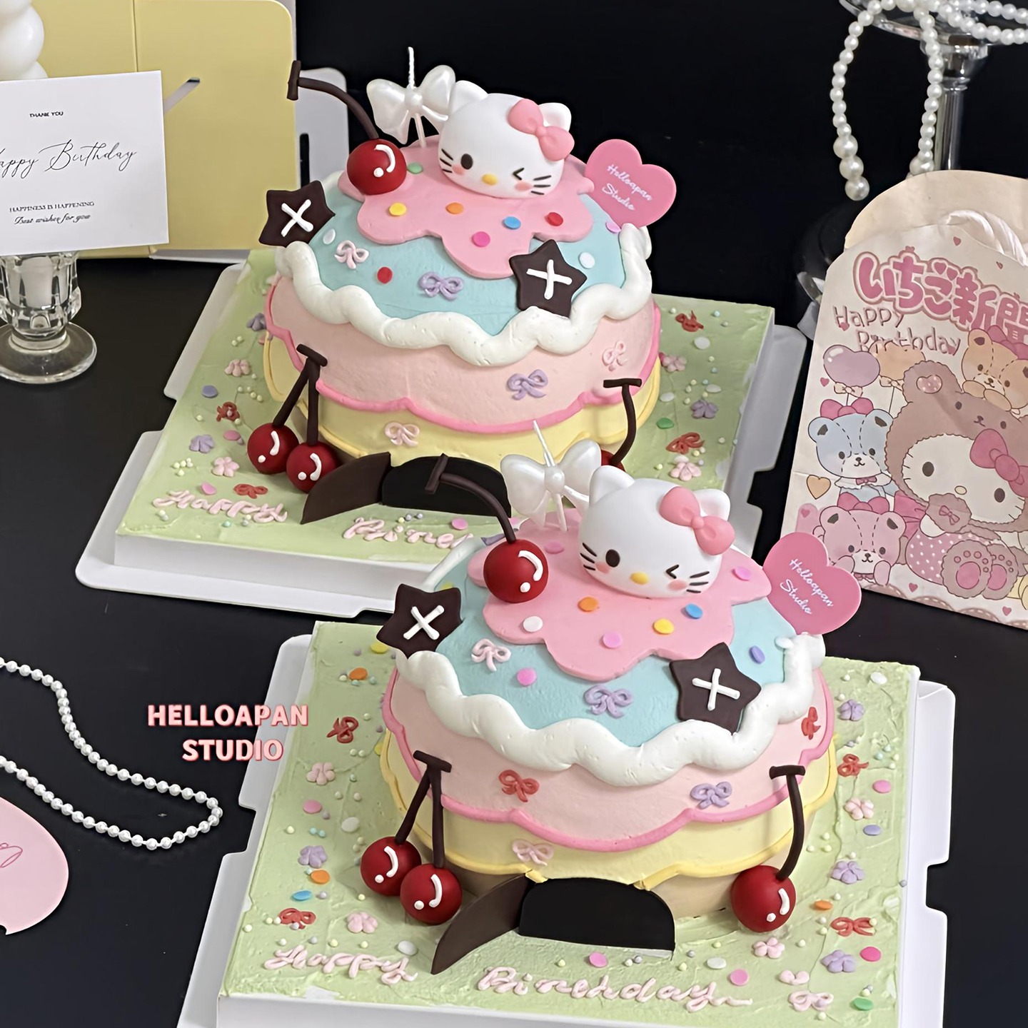 包邮ins风网红蛋糕装饰摆件多巴胺Kitty猫可爱蝴蝶结生日蜡烛插件