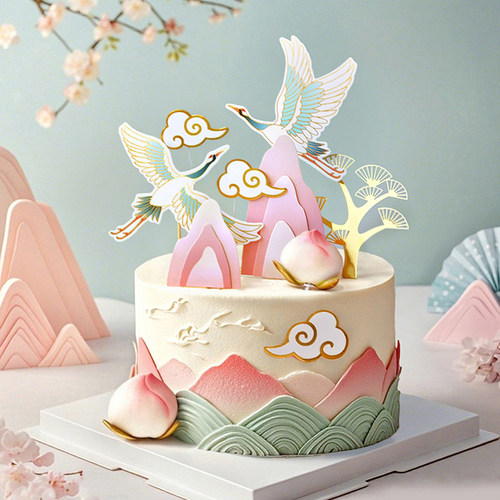 网红烘焙蛋糕装饰摆件唯美中式祝寿奶奶生日仙鹤寿桃祥云松树插件