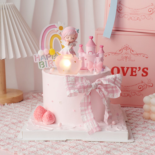 烘焙蛋糕装饰摆件网红天使粉色系草莓城堡彩虹生日快乐插卡插件