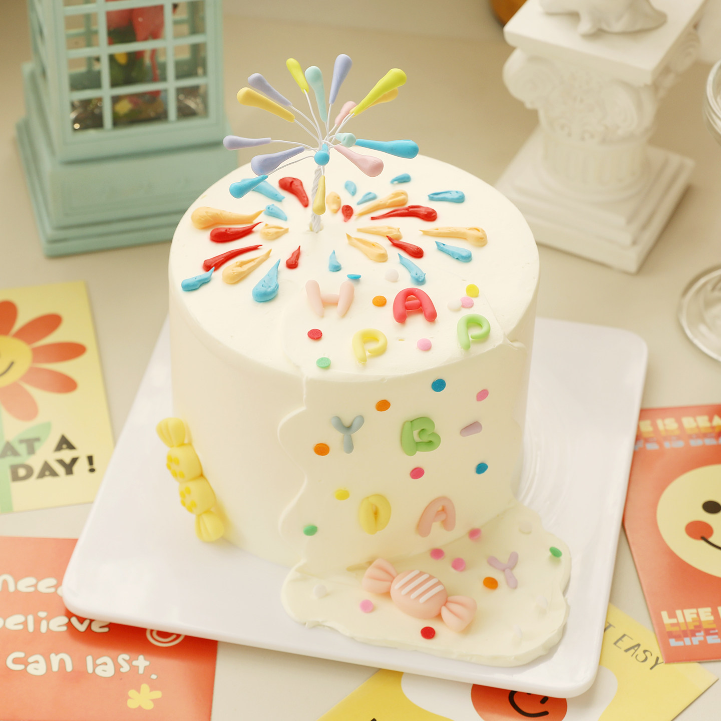 网红花火造型礼花插件软胶糖果彩色HAPPY生日烘焙蛋糕甜品台装扮