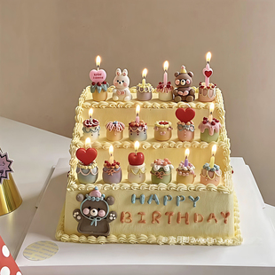 网红ins韩风蛋糕装饰摆件小兔小熊爱心彩色铅笔蜡烛生日派对插件