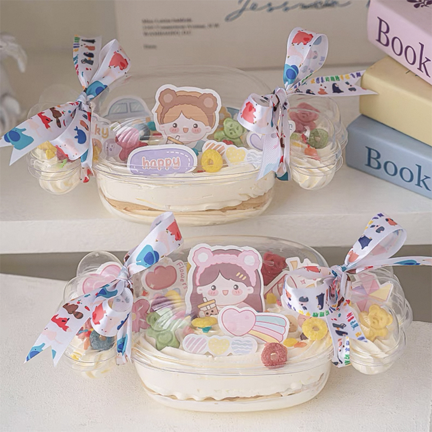 61儿童节网红蛋糕装饰透明吸塑糖果盒卡通可爱丝带男孩女孩插件