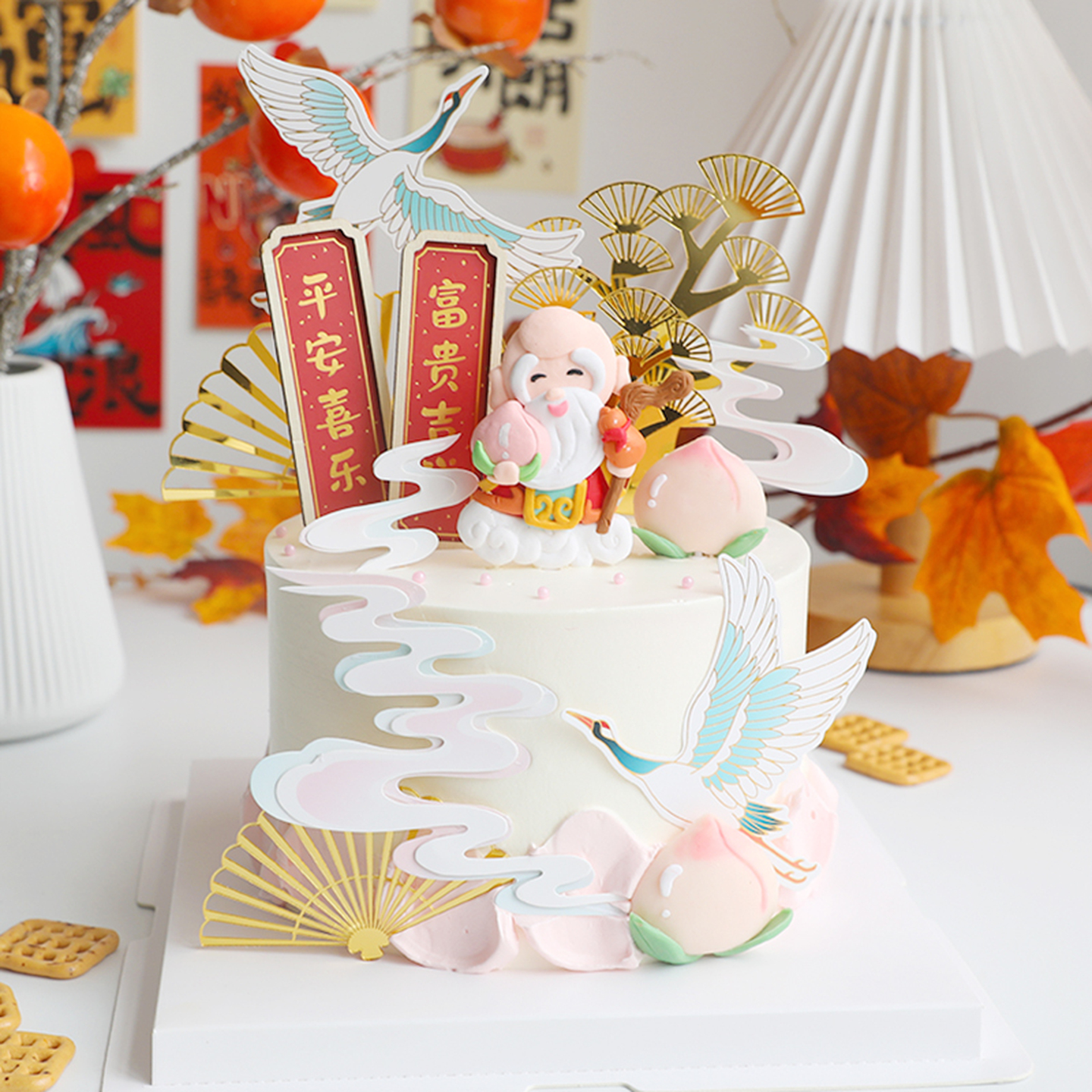 中式寿星公仙鹤过寿蛋糕装饰摆件