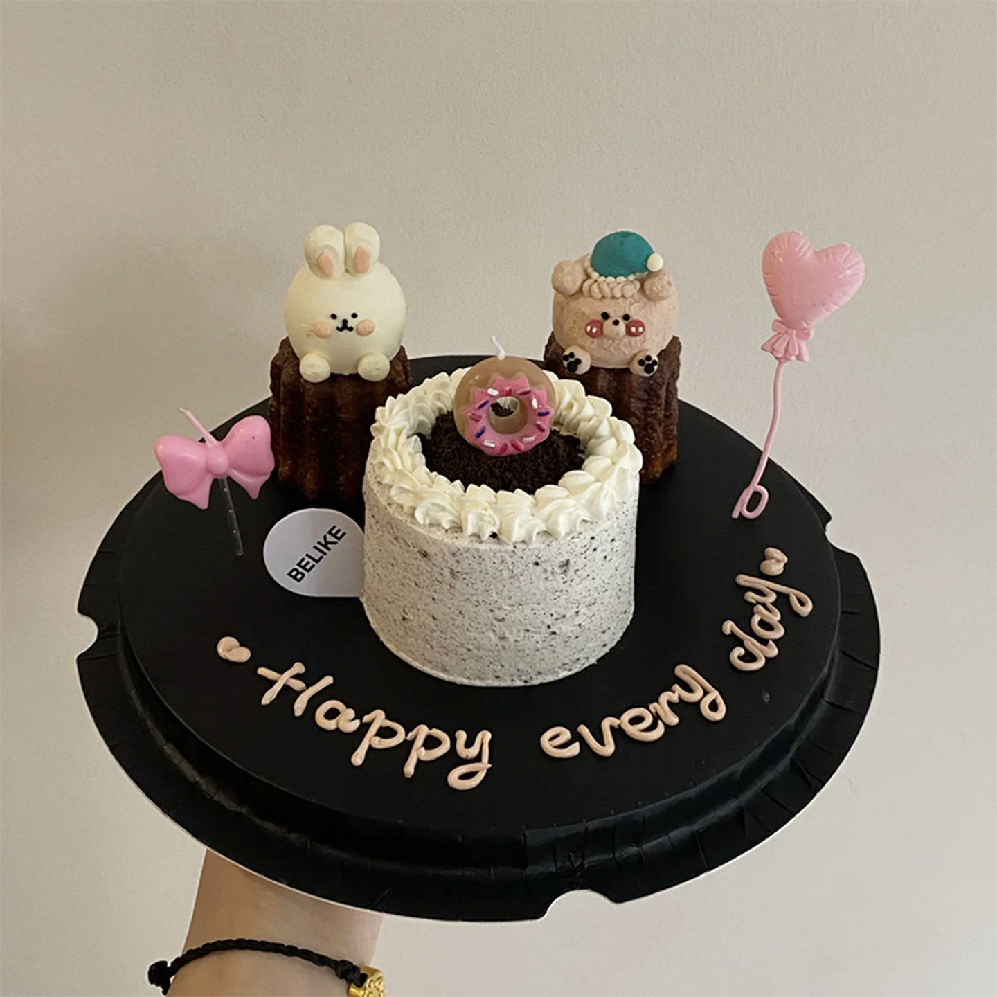 网红烘焙ins风生日蛋糕装饰插件马卡龙色爱心气球可露丽熊兔蜡烛