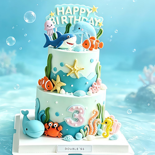 网红生日海洋世界蛋糕装饰摆件