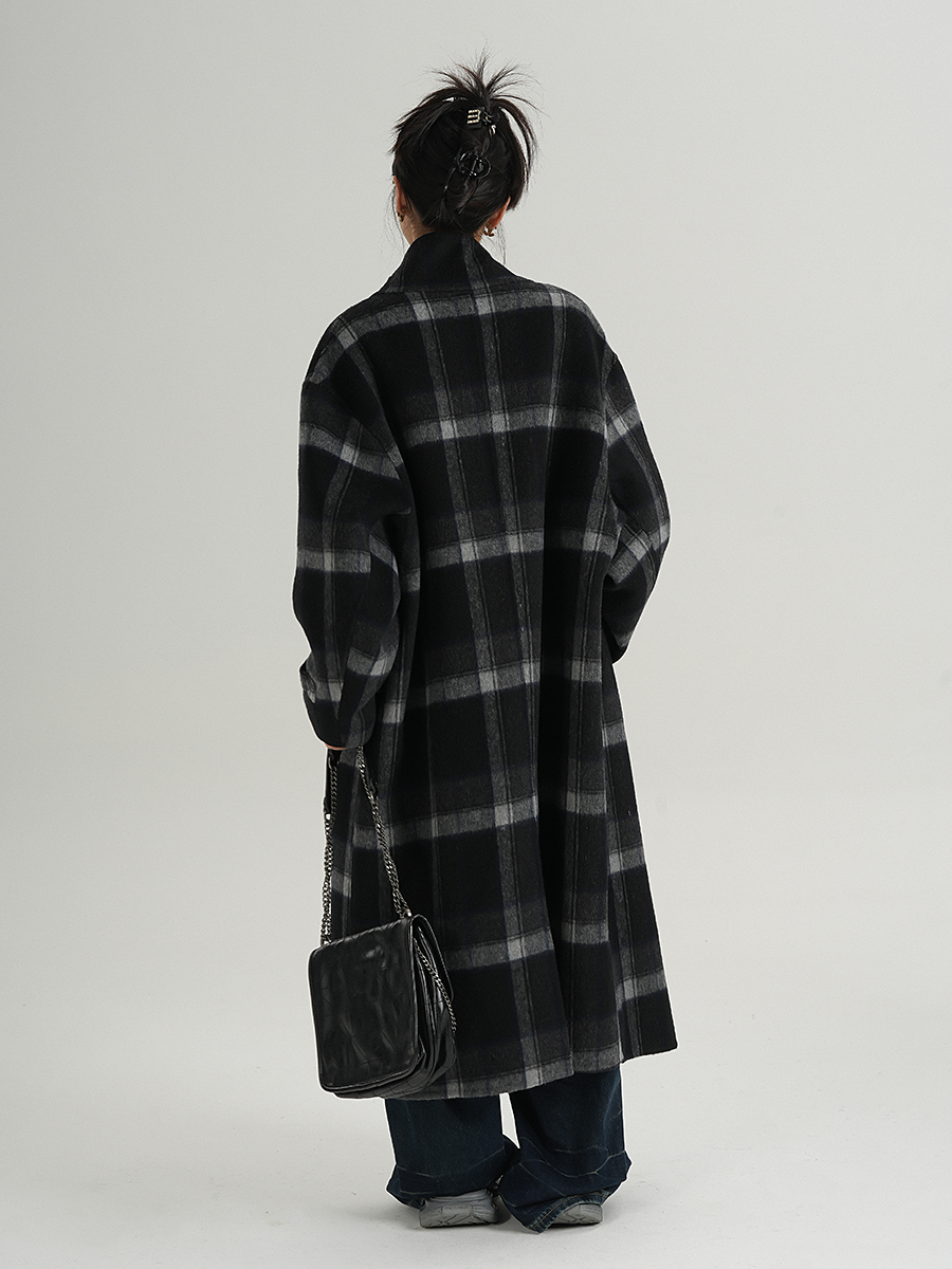 High-End Winter Plaid Long Woolen Coat with Stand Collar, Woolen Overcoat, Double-Sided Woolen Women's Winter Clothing