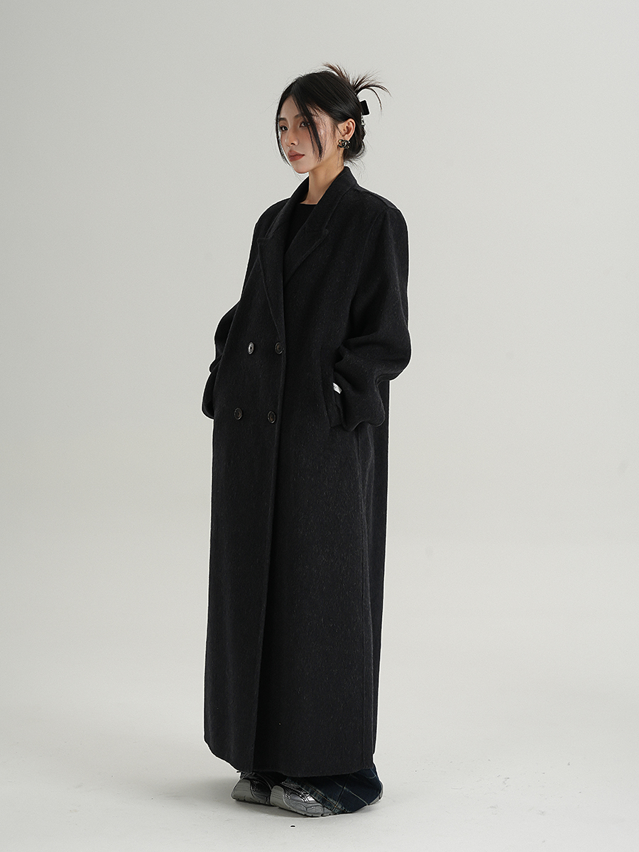 High-End Black Extra-Long Suit Collar Wool Outwear Woolen Outwear Double-Sided Woolen Outwear Winter Women