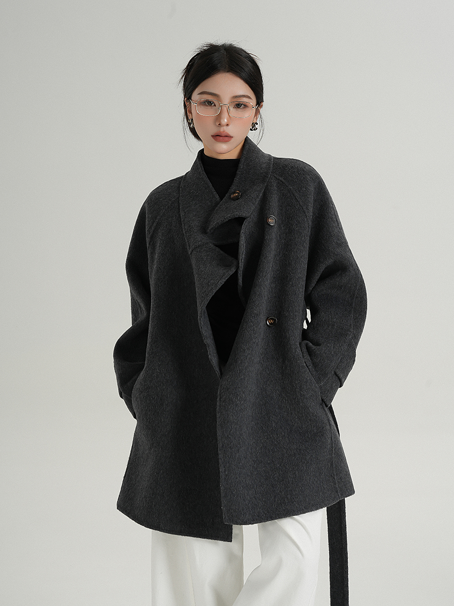 Elegant and High-End Mid-Length Half-High Collar Black Coat Double-Sided Woolen Outwear for Women in Winter