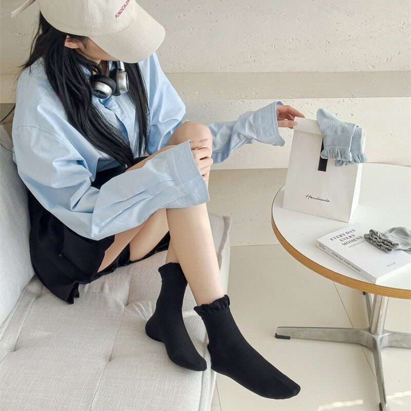 泡泡花边袜子女春夏薄款短筒无骨棉袜日系JK少女百搭纯色中筒袜