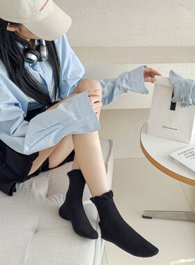 泡泡花边袜子女春夏薄款短筒无骨棉袜日系JK少女百搭纯色中筒袜