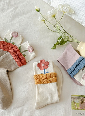 2023可爱袜子女秋冬款韩版甜美花边中筒袜ins郁金香撞色百搭棉袜