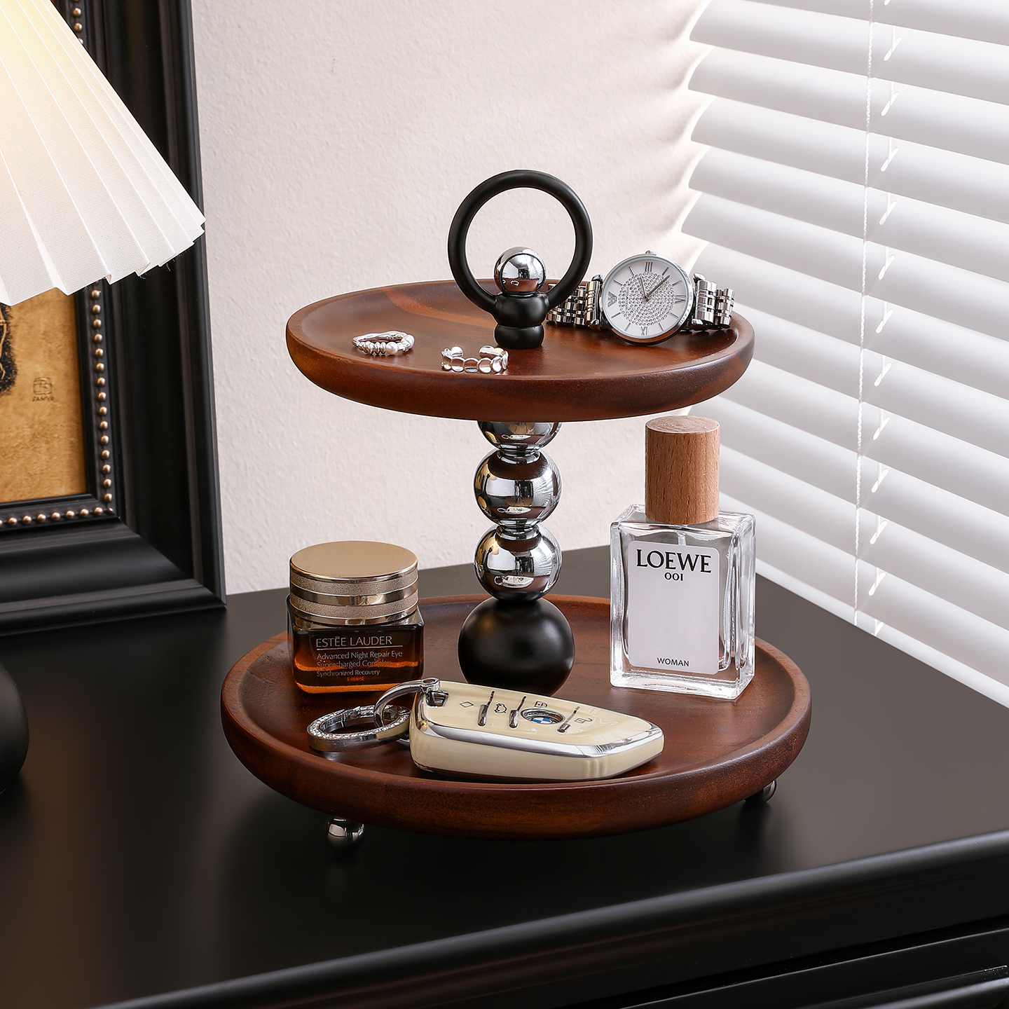 中古风桌面收纳架化妆品口红实木双层置物架入户玄关钥匙手表托盘