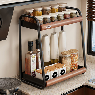 中古风厨房多功能置物架双层家用台面调味料油盐酱醋调料罐收纳架