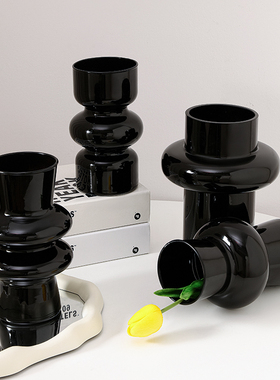 黑色复古玻璃中古花瓶轻奢小众高级感客厅插花ins风水培创意摆件