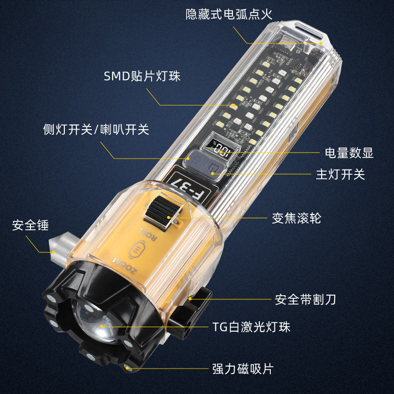 汽车多功能安全锤割刀手电筒滚轮变焦强光LED远射照明应急警示灯