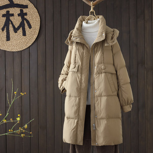 韩版羽绒服女中长款冬季2022年新款过膝加厚显瘦90白鸭绒连帽外套