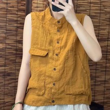 高品质纯亚麻马甲女2025夏季新款时尚大口袋宽松百搭无袖背心外穿